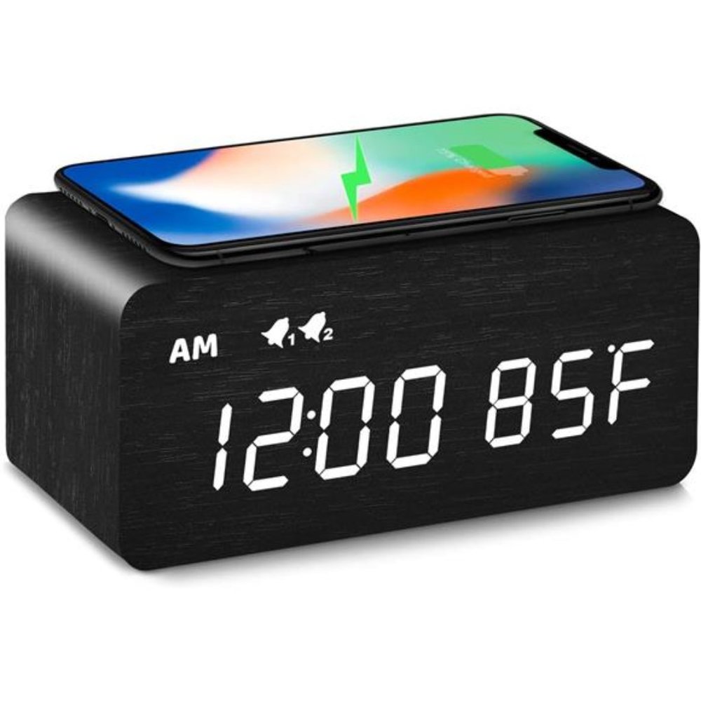 Black Digital Wooden Alarm Clock with Wireless Charging, Bedroom Accessories